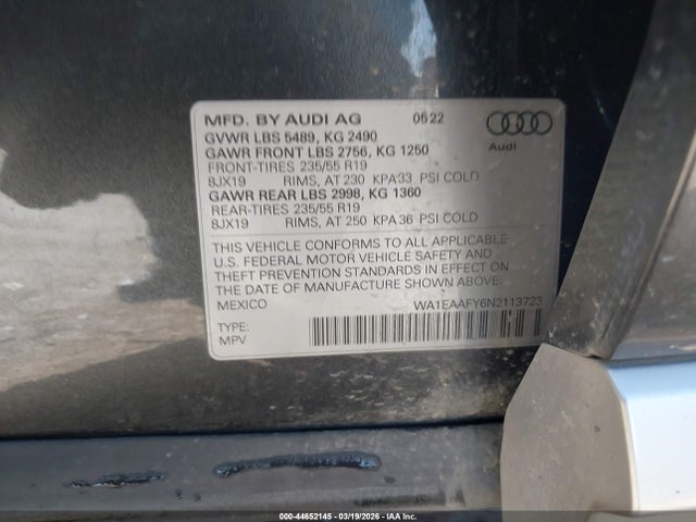 Aukcja sprzedaży 2022 Audi Q5 Premium Plus 45 Tfsi S Line Quattro S Tronic, vin: WA1EAAFY6N2113723, numer aukcji: 44652145