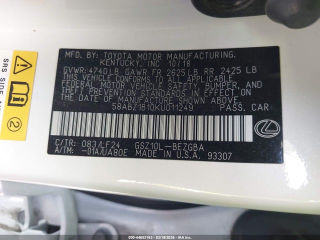 Aukcja sprzedaży 2019 Lexus Es 350 F Sport, vin: 58ABZ1B10KU011249, numer aukcji: 44652163