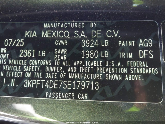 Aukcja sprzedaży 2025 Kia K4 Lx, vin: 3KPFT4DE7SE179713, numer aukcji: 44652188