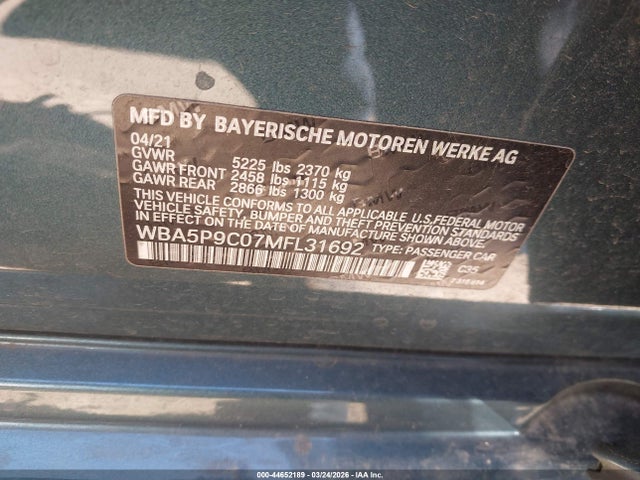 44652189 :رقم المزاد ، WBA5P9C07MFL31692 vin ، 2021 Bmw 330e Xdrive مزاد بيع