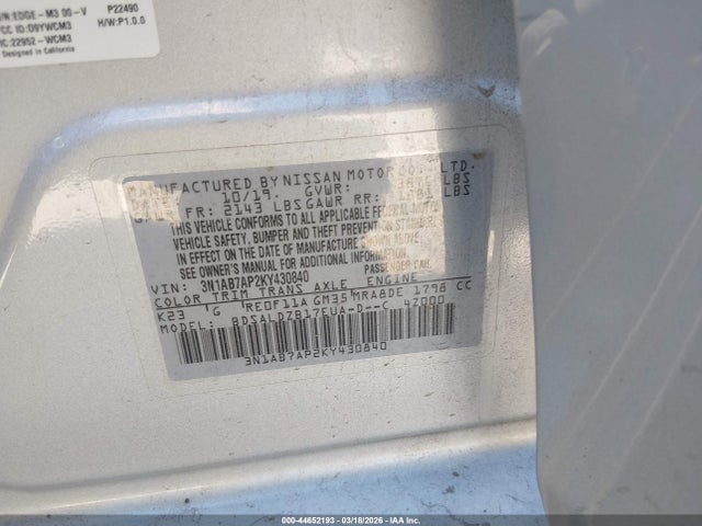 3N1AB7AP2KY430840 Nissan SENTRA SV