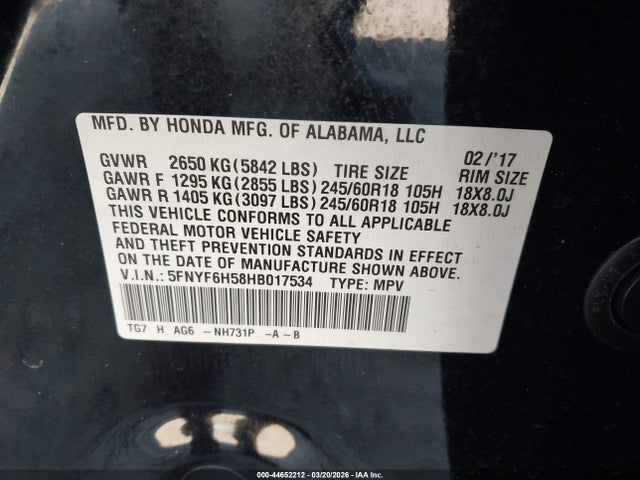 2017 Honda Pilot Ex-l მანქანა იყიდება აუქციონზე, vin: 5FNYF6H58HB017534, აუქციონის ნომერი: 44652212