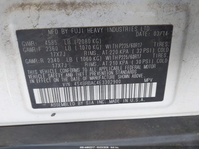 44652217 :رقم المزاد ، 4S4BRBAC4E3302900 vin ، 2014 Subaru Outback 2.5i مزاد بيع