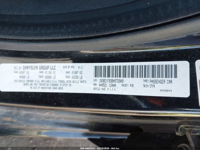 44652221 :رقم المزاد ، 1B3BD1FB3BN572909 vin ، 2011 Dodge Avenger Mainstreet مزاد بيع