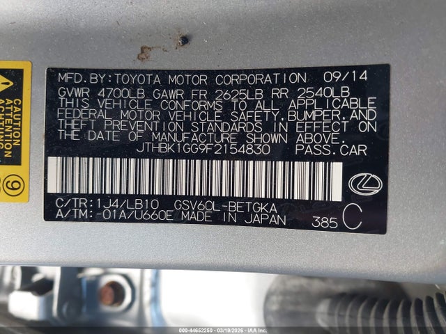 44652250 :رقم المزاد ، JTHBK1GG9F2154830 vin ، 2015 Lexus Es 350 مزاد بيع
