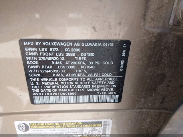 44652275 :رقم المزاد ، WVGEF9BP9FD006900 vin ، 2015 Volkswagen Touareg V6 Executive مزاد بيع