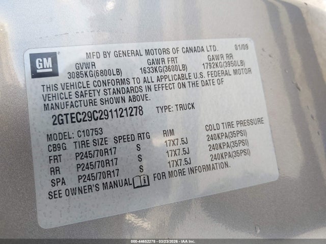 44652278 :رقم المزاد ، 2GTEC29C291121278 vin ، 2009 Gmc Sierra 1500 Sle مزاد بيع