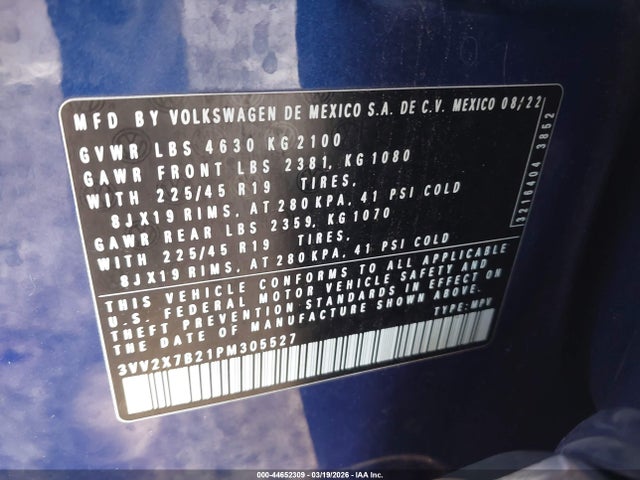 44652309 :رقم المزاد ، 3VV2X7B21PM305527 vin ، 2023 Volkswagen Taos 1.5t Sel مزاد بيع