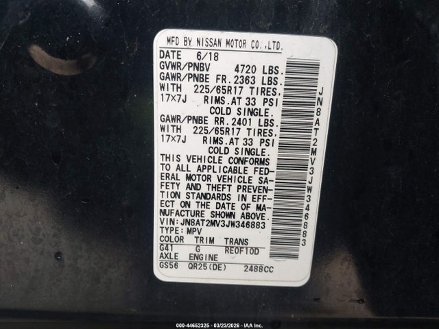 Aukcja sprzedaży 2018 Nissan Rogue Sv, vin: JN8AT2MV3JW346883, numer aukcji: 44652325