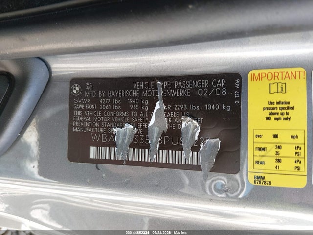 44652334 :رقم المزاد ، WBAWB33588PU89227 vin ، 2008 Bmw 328i مزاد بيع