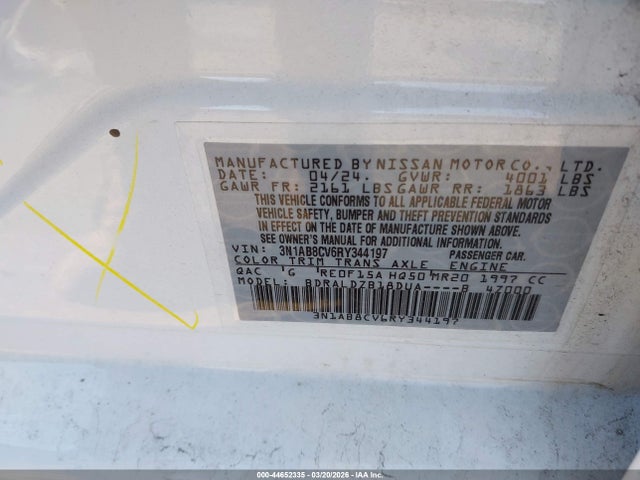 Aukcja sprzedaży 2024 Nissan Sentra Sv Xtronic Cvt, vin: 3N1AB8CV6RY344197, numer aukcji: 44652335