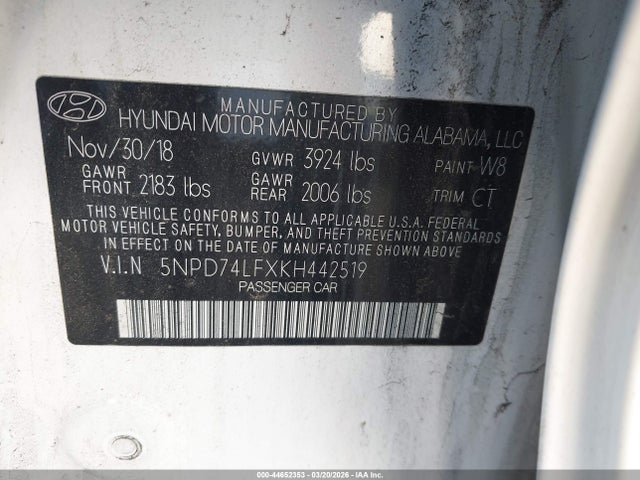 Aukcja sprzedaży 2019 Hyundai Elantra Se, vin: 5NPD74LFXKH442519, numer aukcji: 44652353