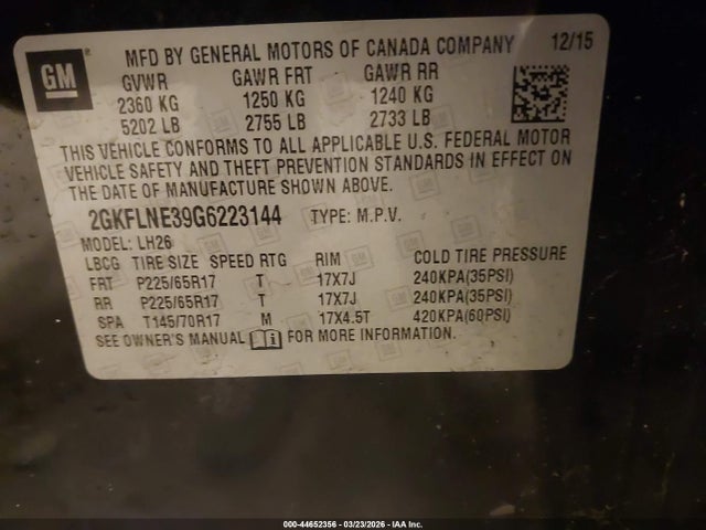 Auction sale of the 2016 Gmc Terrain Sle-2, vin: 2GKFLNE39G6223144, lot number: 44652356