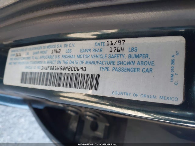 Aukcja sprzedaży 1998 Volkswagen Golf Gl, vin: 3VWFB81H5WM200690, numer aukcji: 44652363
