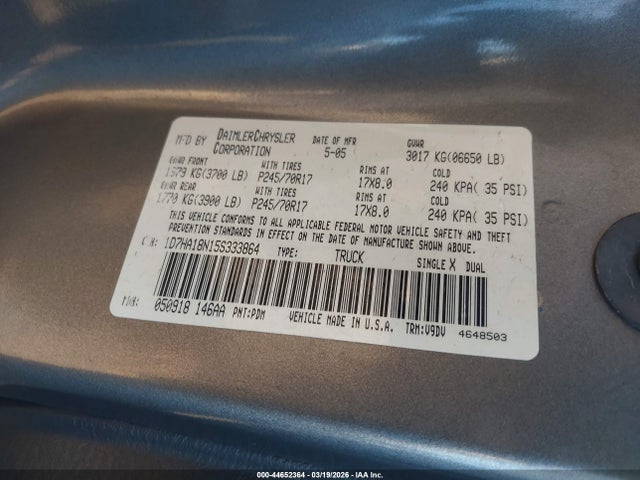 44652364 :رقم المزاد ، 1D7HA18N15S333864 vin ، 2005 Dodge Ram 1500 Slt/laramie مزاد بيع