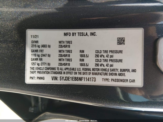 Продажа на аукционе авто 2022 Tesla Model 3 Long Range Dual Motor All-wheel Drive, vin: 5YJ3E1EB8NF114173, номер лота: 44652387