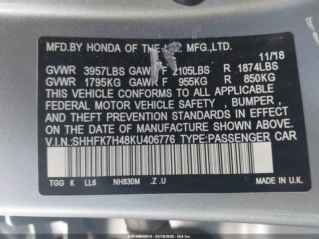 SHHFK7H48KU406776 Honda Civic Sport