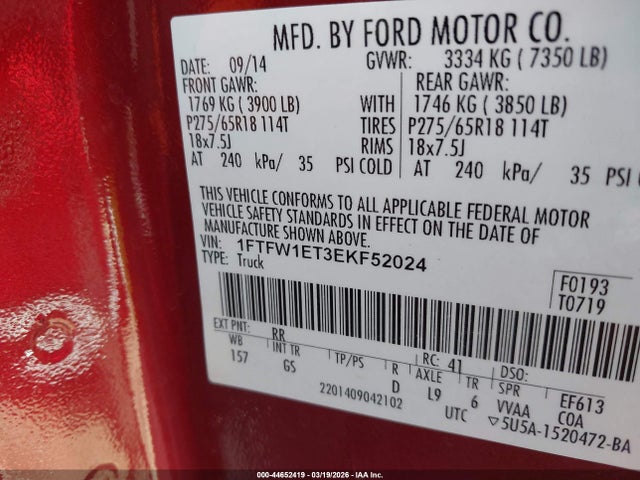 44652419 :رقم المزاد ، 1FTFW1ET3EKF52024 vin ، 2014 Ford F-150 Xlt مزاد بيع