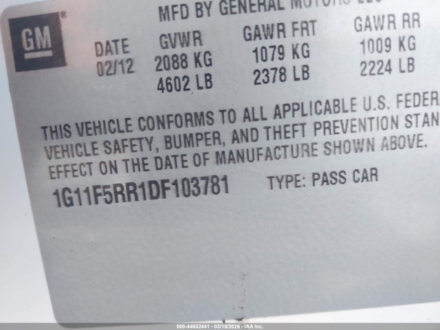 44652441 :رقم المزاد ، 1G11F5RR1DF103781 vin ، 2013 Chevrolet Malibu Eco Premium Audio مزاد بيع