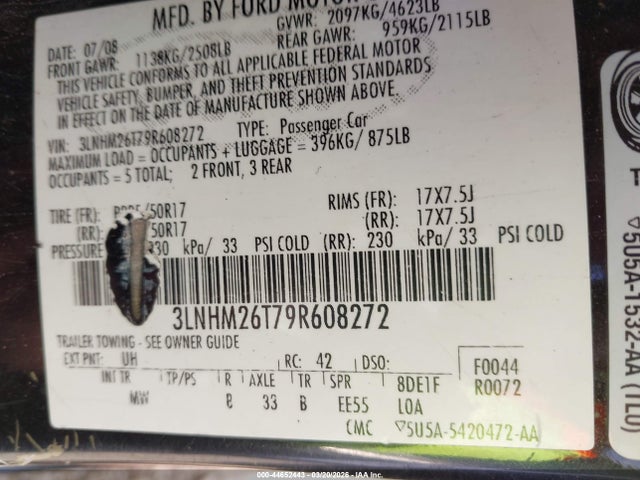 Продаж на аукціоні авто 2009 Lincoln Mkz, vin: 3LNHM26T79R608272, номер лоту: 44652443