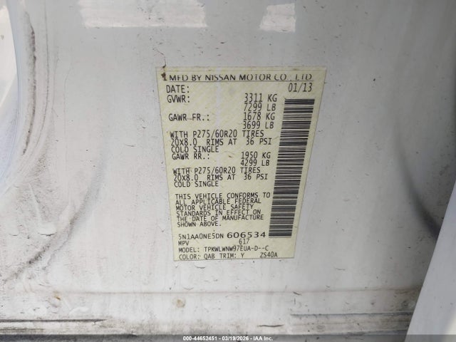 2013 Nissan Armada Platinum მანქანა იყიდება აუქციონზე, vin: 5N1AA0NE5DN606534, აუქციონის ნომერი: 44652451