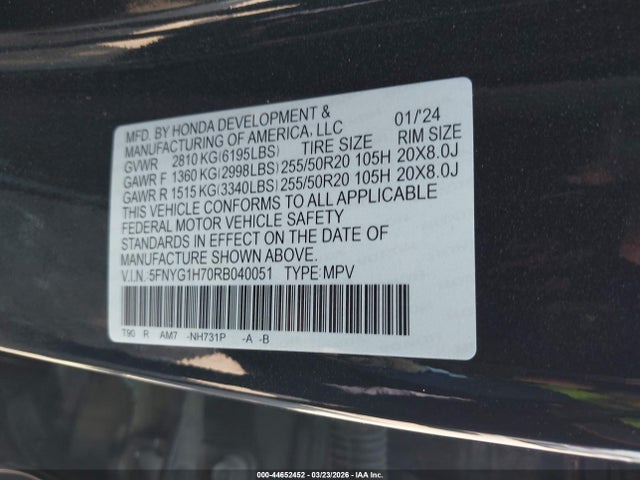 2024 Honda Pilot Touring მანქანა იყიდება აუქციონზე, vin: 5FNYG1H70RB040051, აუქციონის ნომერი: 44652452