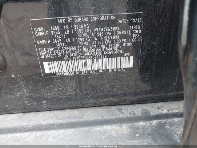 44652475 :رقم المزاد ، 4S4BSENCXK3280669 vin ، 2019 Subaru Outback 3.6r Limited مزاد بيع