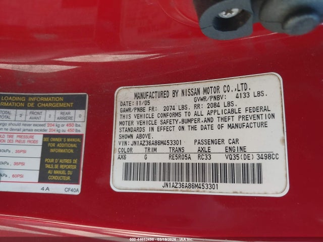 Продажа на аукционе авто 2006 Nissan 350z Touring, vin: JN1AZ36A86M453301, номер лота: 44652498