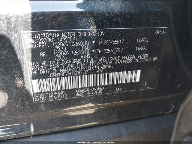 44652522 :رقم المزاد ، JTMRWRFV5LD070507 vin ، 2020 Toyota Rav4 Hybrid Xle مزاد بيع