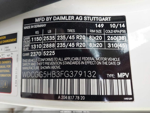 44652524 :رقم المزاد ، WDCGG5HB3FG379132 vin ، 2015 Mercedes-benz Glk 350 مزاد بيع