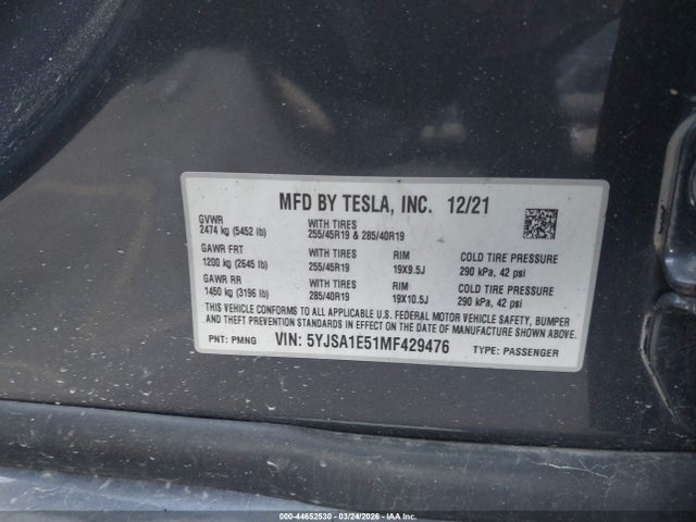 Aukcja sprzedaży 2021 Tesla Model S Long Range Dual Motor All-wheel Drive, vin: 5YJSA1E51MF429476, numer aukcji: 44652530