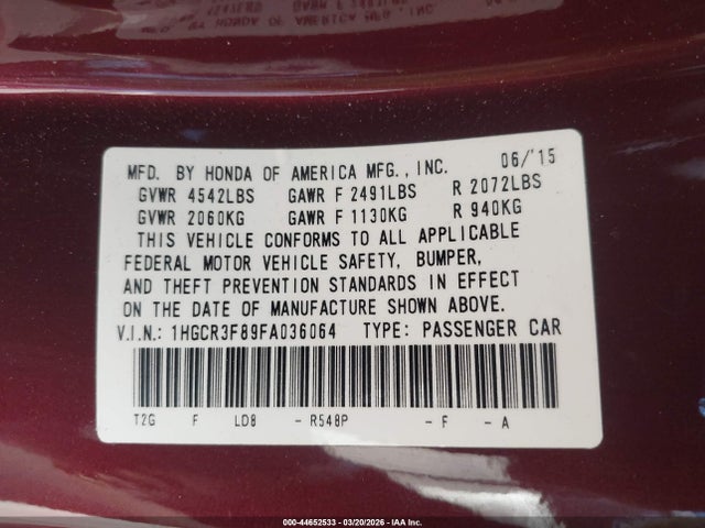 Honda Accord Ex-l V-6 2015 1HGCR3F89FA036064 Image 9