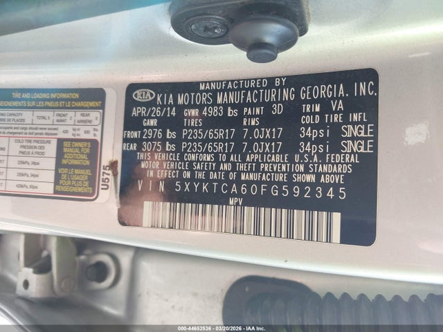 Aukcja sprzedaży 2015 Kia Sorento Lx, vin: 5XYKTCA60FG592345, numer aukcji: 44652536