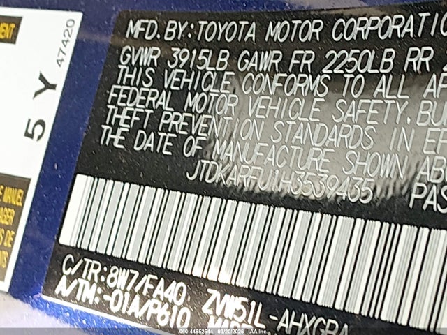 JTDKARFU1H3539435 Toyota Prius Three