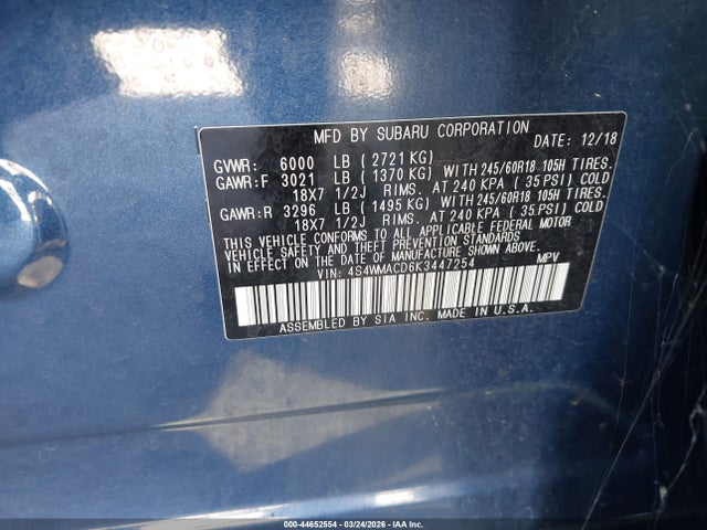 Продаж на аукціоні авто 2019 Subaru Ascent Premium, vin: 4S4WMACD6K3447254, номер лоту: 44652554
