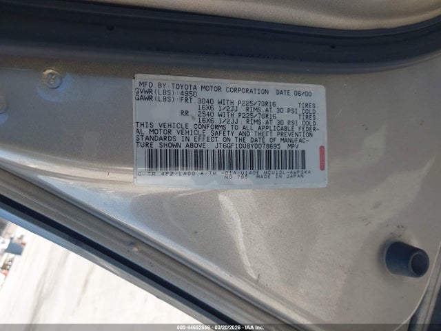 Продажа на аукционе авто 2000 Lexus Rx 300, vin: JT6GF10U8Y0078695, номер лота: 44652556