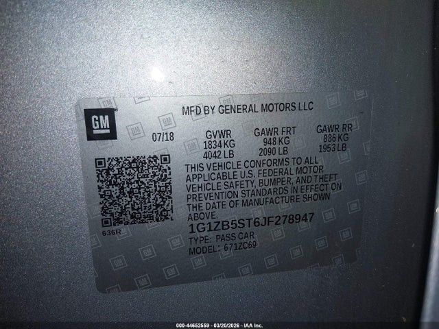 Aukcja sprzedaży 2018 Chevrolet Malibu 1ls, vin: 1G1ZB5ST6JF278947, numer aukcji: 44652559