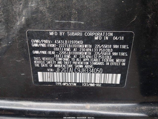 44652984 :رقم المزاد ، JF2GTALC9JH334050 vin ، 2018 Subaru Crosstrek 2.0i Limited مزاد بيع