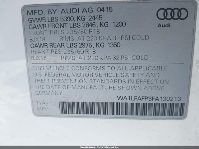 Продажа на аукционе авто 2015 Audi Q5 2.0t Premium, vin: WA1LFAFP3FA130213, номер лота: 44653444