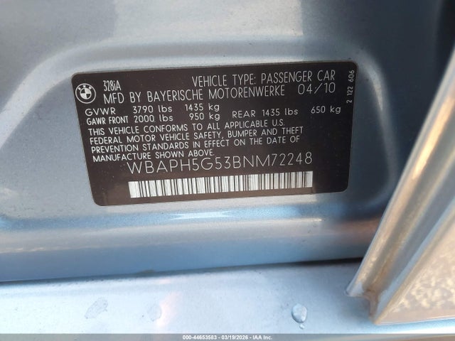 44653583 :رقم المزاد ، WBAPH5G53BNM72248 vin ، 2011 Bmw 328i مزاد بيع