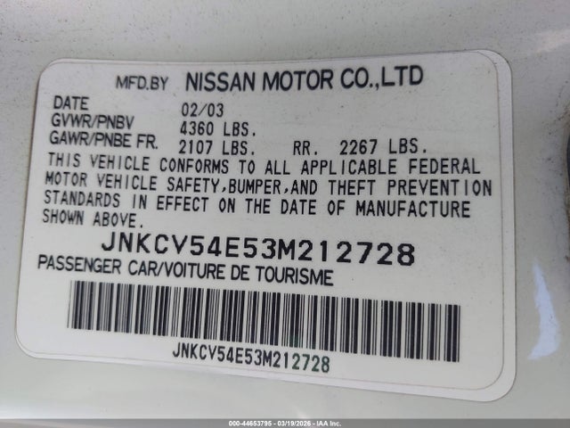 Aukcja sprzedaży 2003 Infiniti G35 Base W/leather, vin: JNKCV54E53M212728, numer aukcji: 44653795