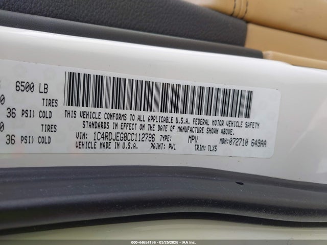 44654196 :رقم المزاد ، 1C4RDJEG8CC112796 vin ، 2012 Dodge Durango Citadel مزاد بيع