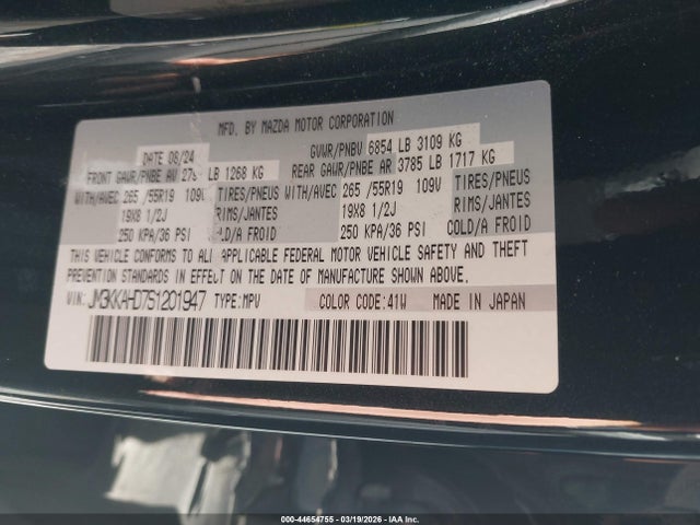 44654755 :رقم المزاد ، JM3KKAHD7S1201947 vin ، 2025 Mazda Cx-90 3.3 Turbo Select Package مزاد بيع