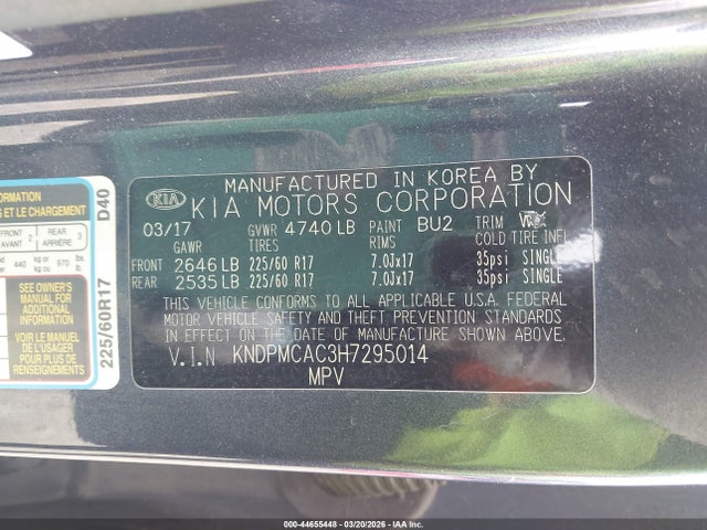 44655448 :رقم المزاد ، KNDPMCAC3H7295014 vin ، 2017 Kia Sportage Lx مزاد بيع