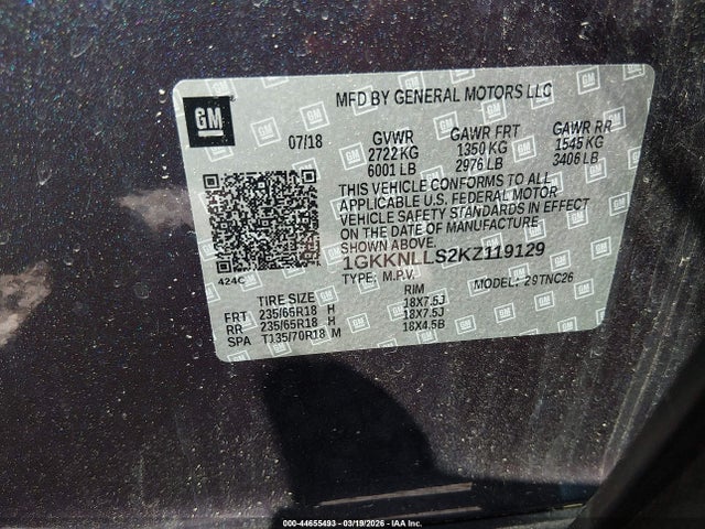 44655493 :رقم المزاد ، 1GKKNLLS2KZ119129 vin ، 2019 Gmc Acadia Sle-2 مزاد بيع