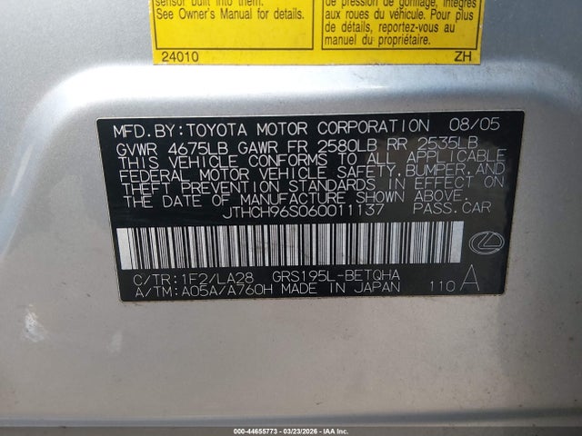 44655773 :رقم المزاد ، JTHCH96S060011137 vin ، 2006 Lexus Gs 300 مزاد بيع