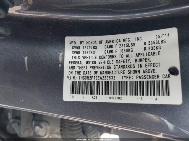 44656180 :رقم المزاد ، 1HGCR2F79EA223532 vin ، 2014 Honda Accord Ex مزاد بيع