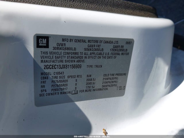 44657551 :رقم المزاد ، 2GCEC13JX81156909 vin ، 2008 Chevrolet Silverado 1500 Lt2 مزاد بيع