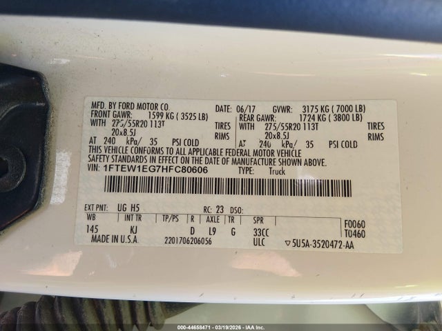Продажа на аукционе авто 2017 Ford F-150 King Ranch, vin: 1FTEW1EG7HFC80606, номер лота: 44658471