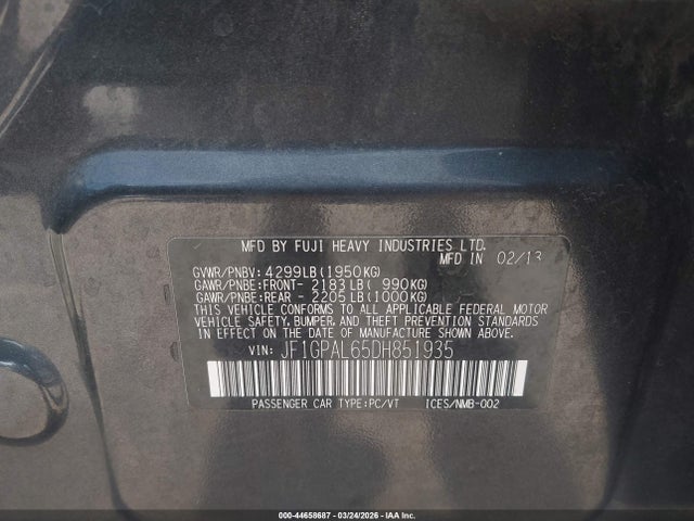 44658687 :رقم المزاد ، JF1GPAL65DH851935 vin ، 2013 Subaru Impreza 2.0i Sport Premium مزاد بيع
